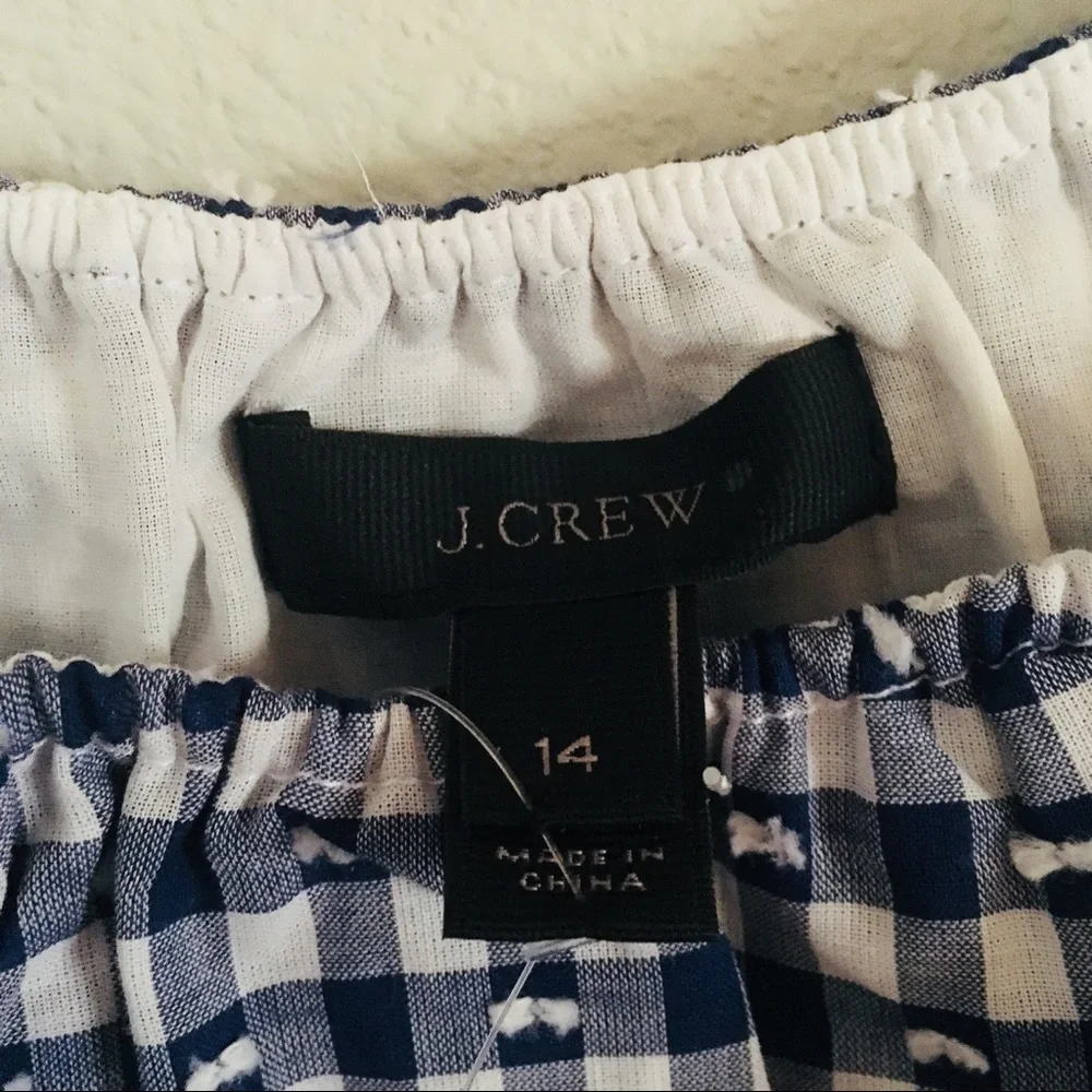 J. Crew Gingham Blue Ruffle Tie Shoulder Eyelet top